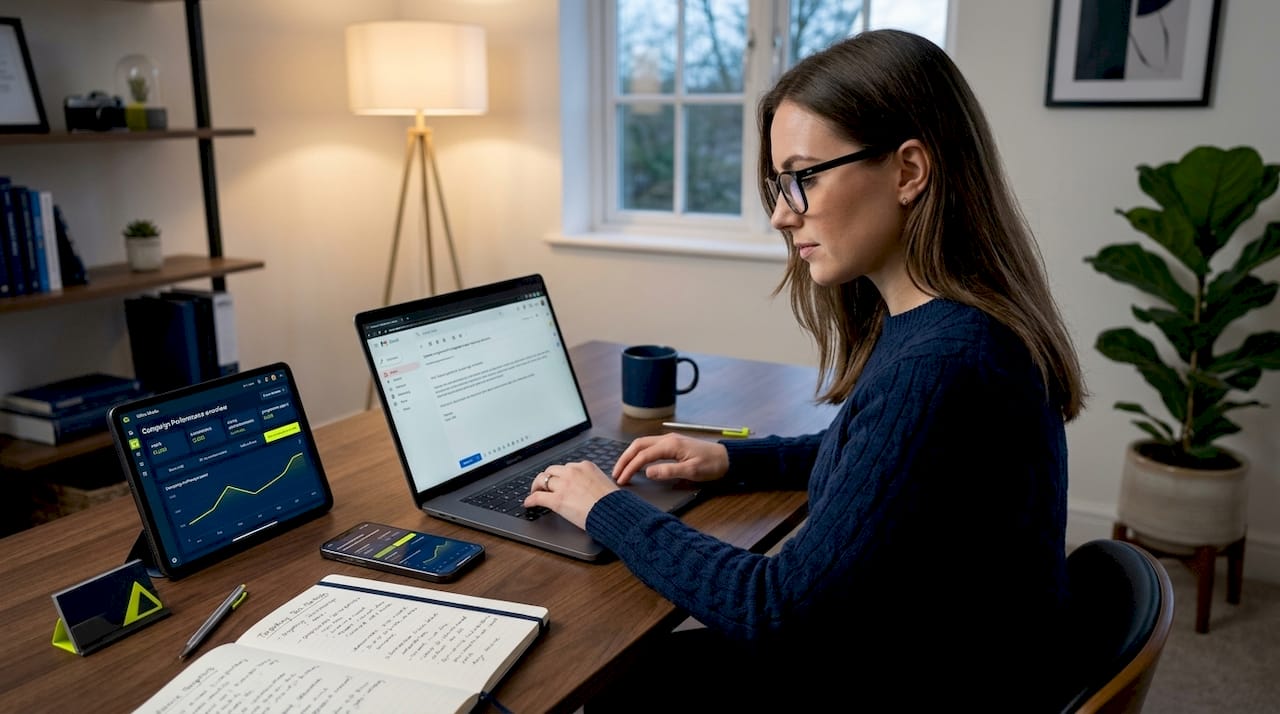 Woman composing outbound marketing emails and managing ads
