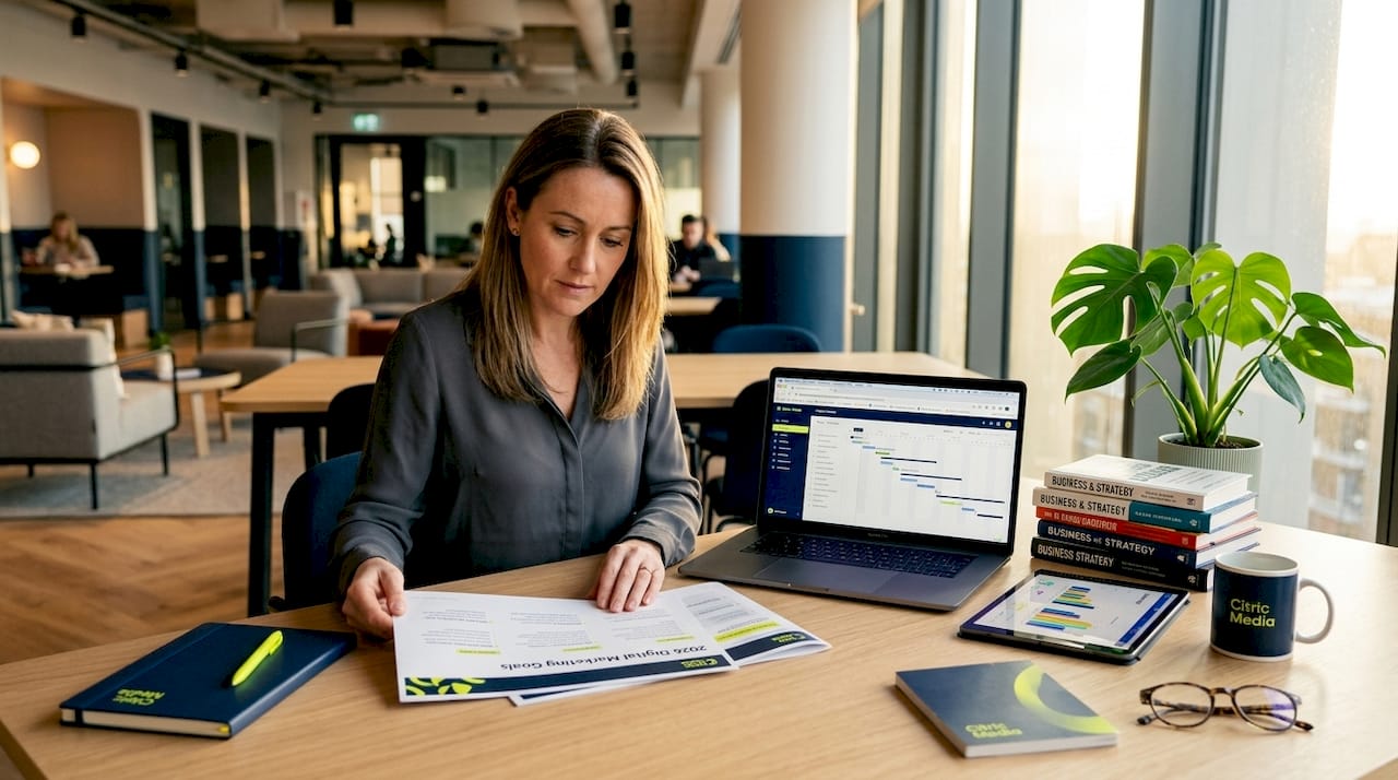 Consultant reviewing digital marketing goals document