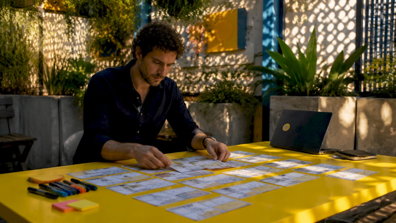 Hands arranging ad storyboard cards