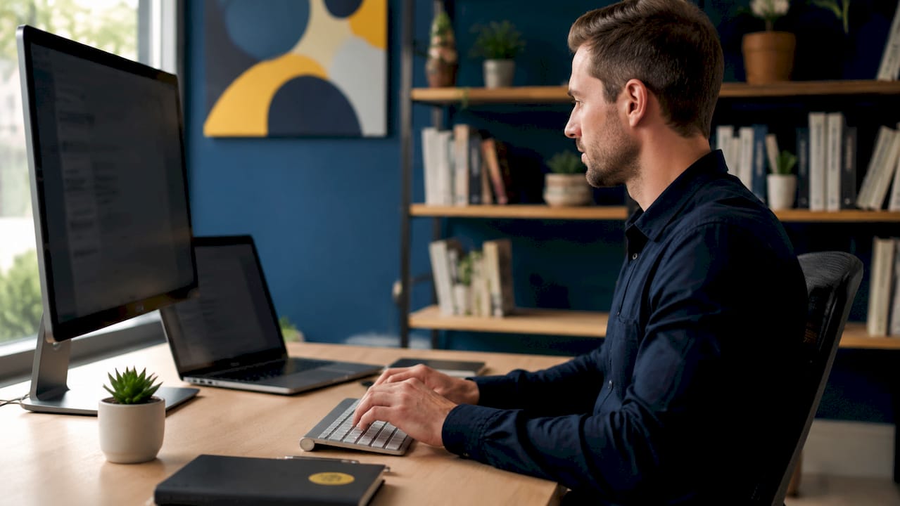 Hands typing SEO audit on computer