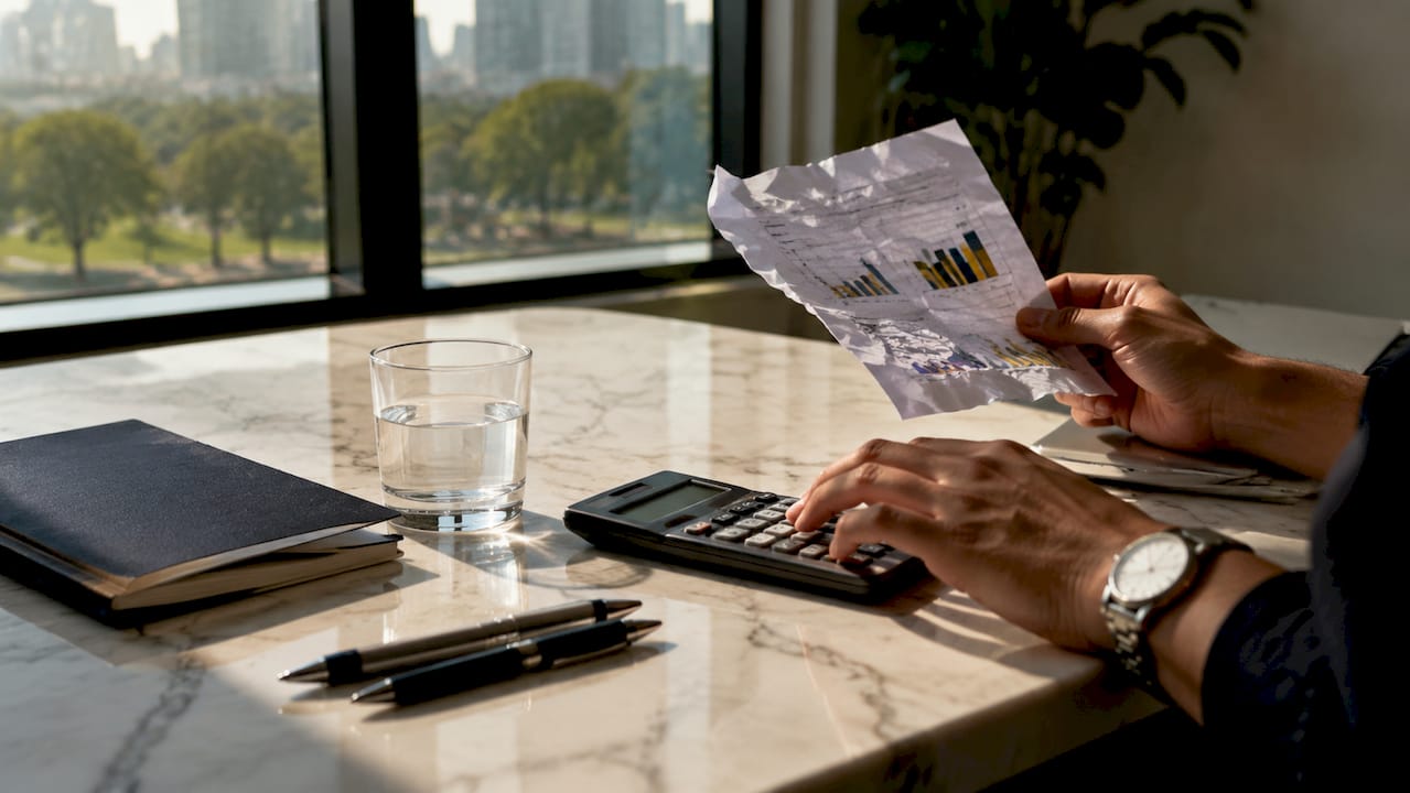 Hands calculating CPA with calculator and reports