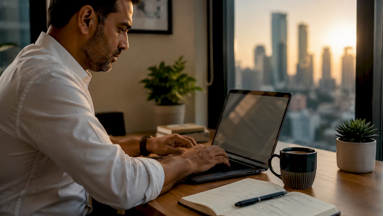 Overhead view of man setting up Search campaign on laptop
