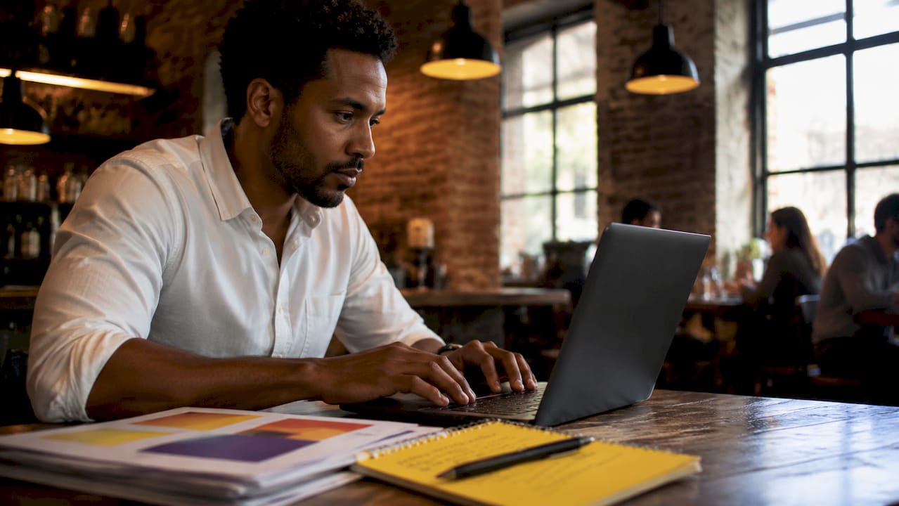 Hands setting up digital ad campaign on computer