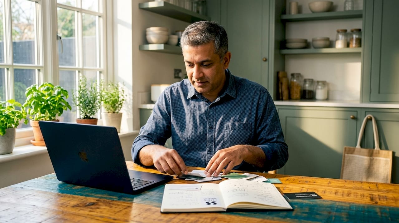 Hands holding smartphone in home office with business cards