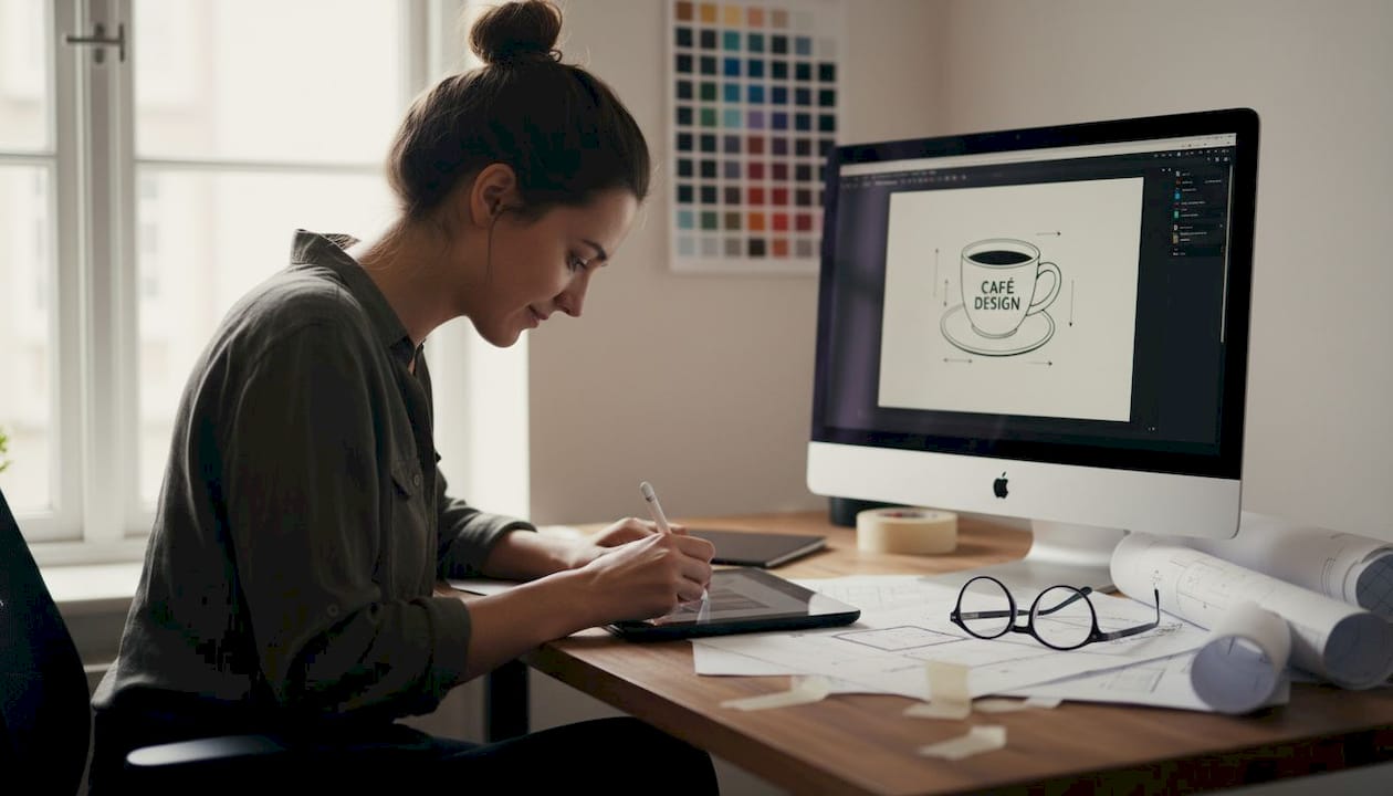 Diseñadora ultimando los artes finales para productos de merchandising