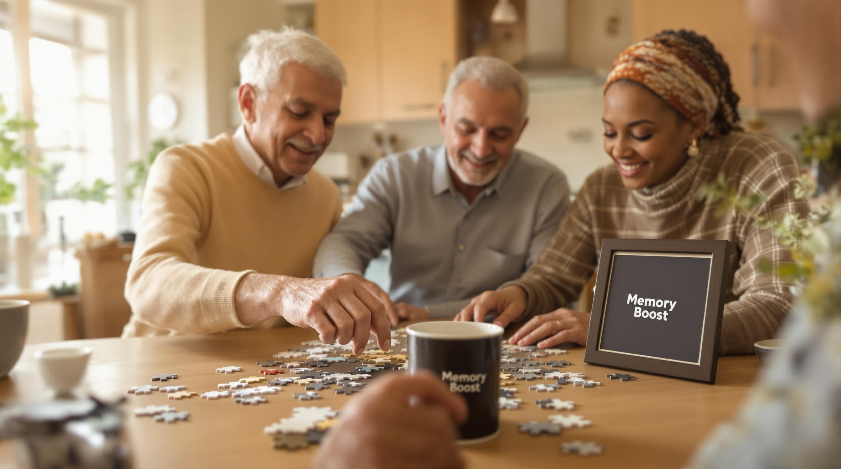 Seniors and adult working together on jigsaw puzzle for cognitive benefits