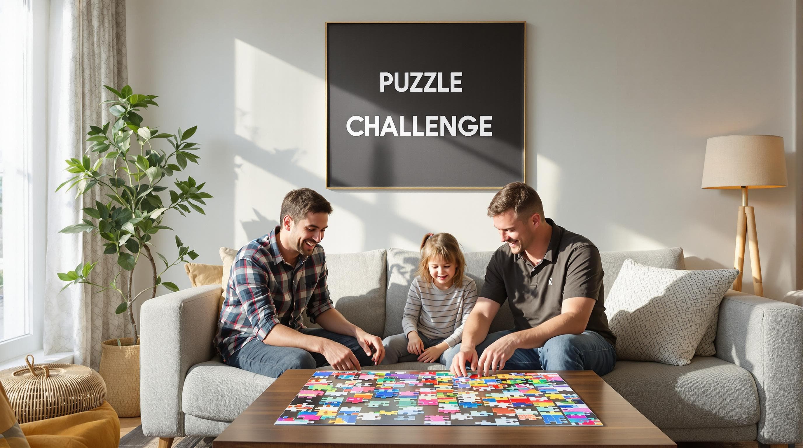 Family solving jigsaw puzzle together in bright living room