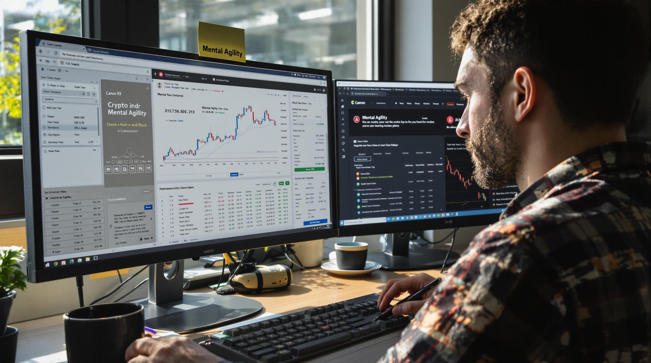 Crypto trader multitasking with puzzles and financial data for mental sharpness