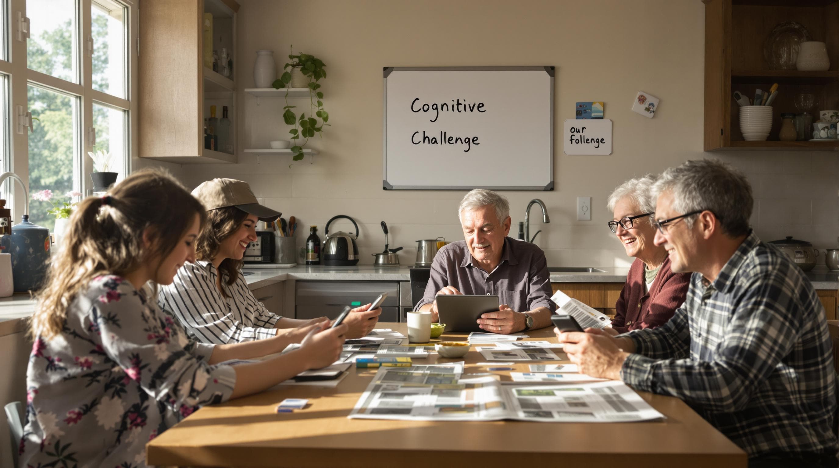 People solving puzzles together in a bright kitchen, fostering brain health