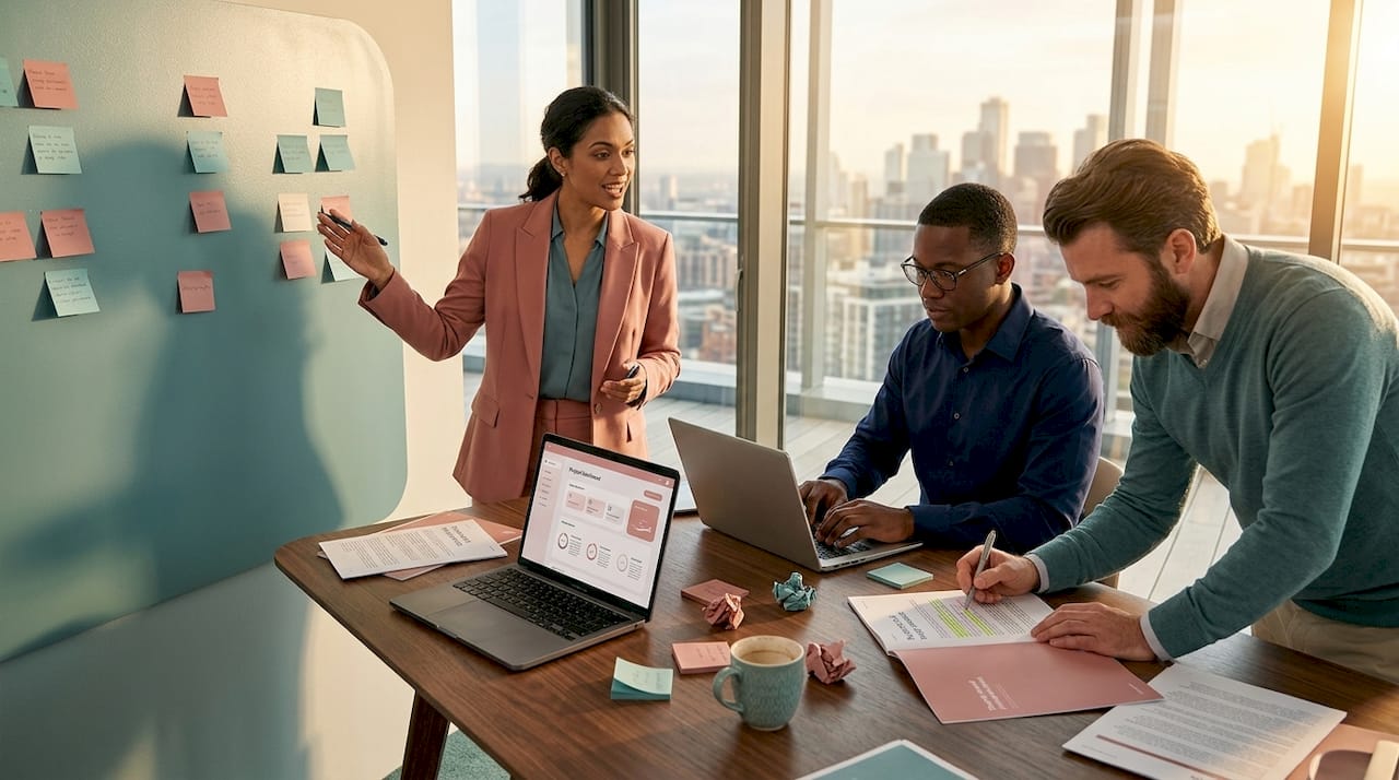 Team collaborates in office reviewing trend signals