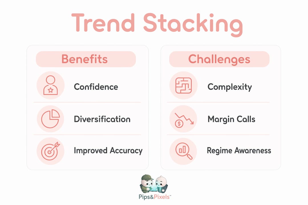 Infographic comparing trend stacking benefits and challenges