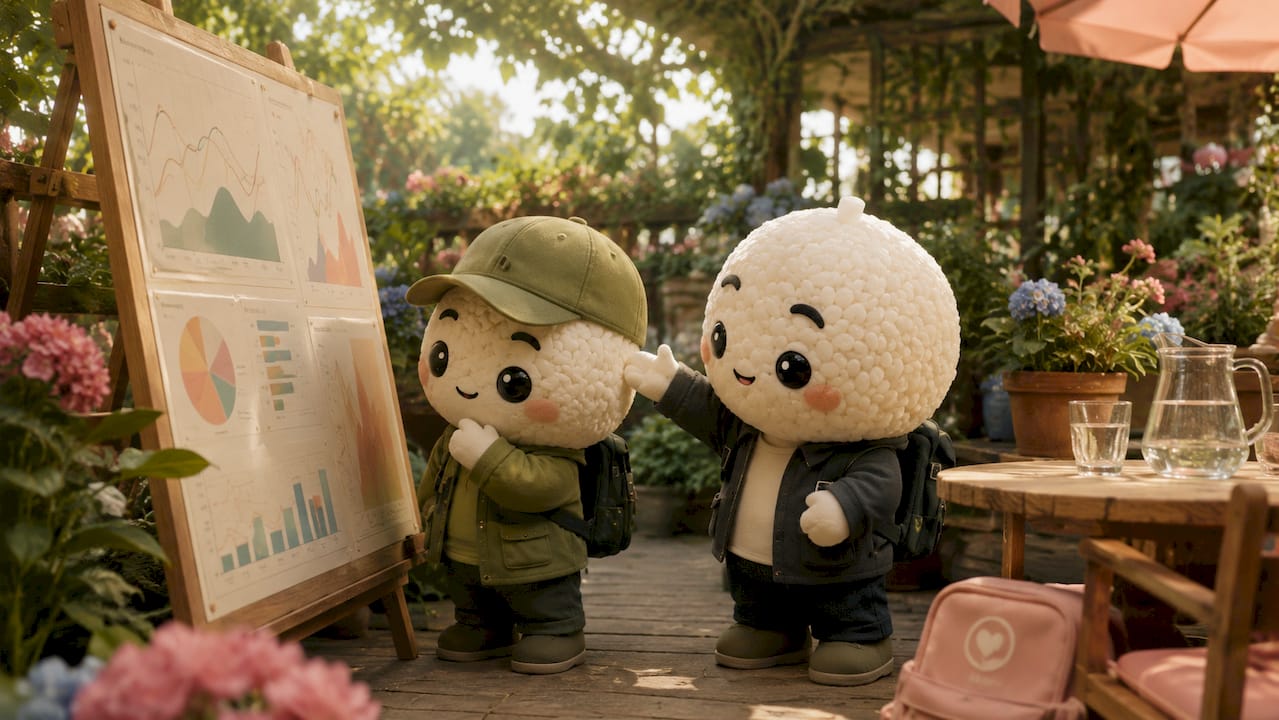 Kawaii rice-ball explorer duo studying market cycles