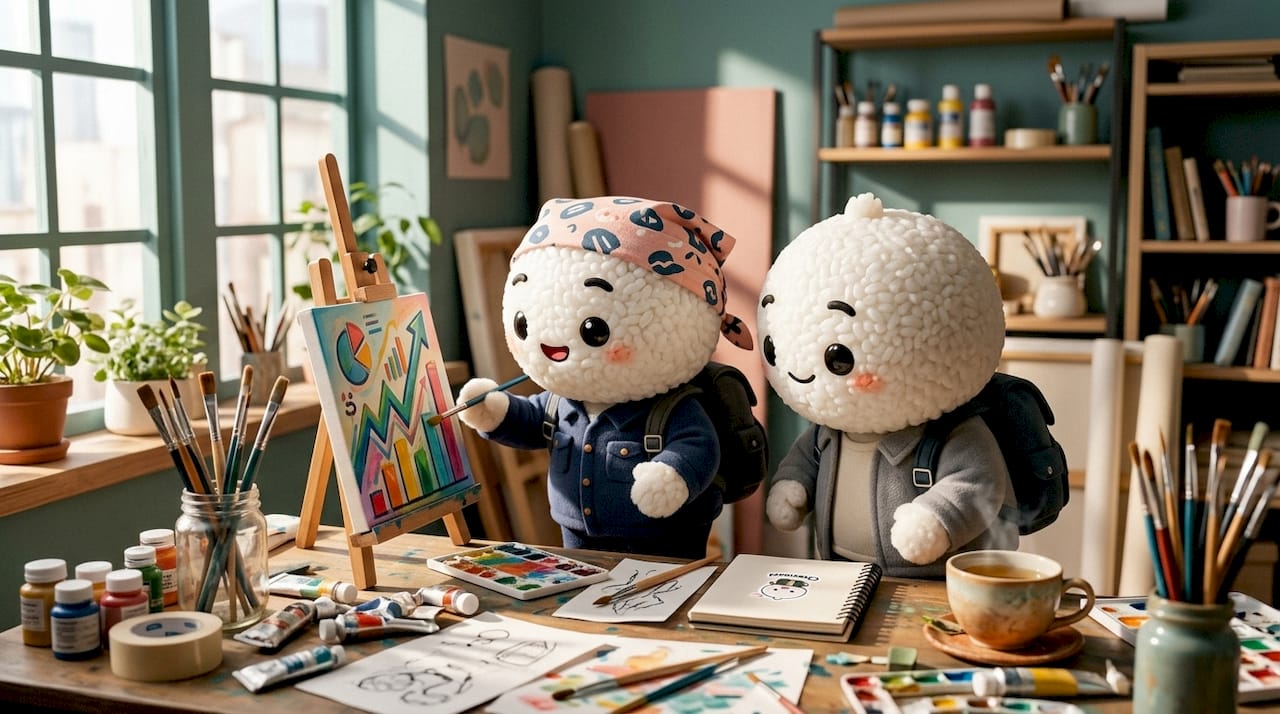 Rice-ball explorer mascots analyzing market data