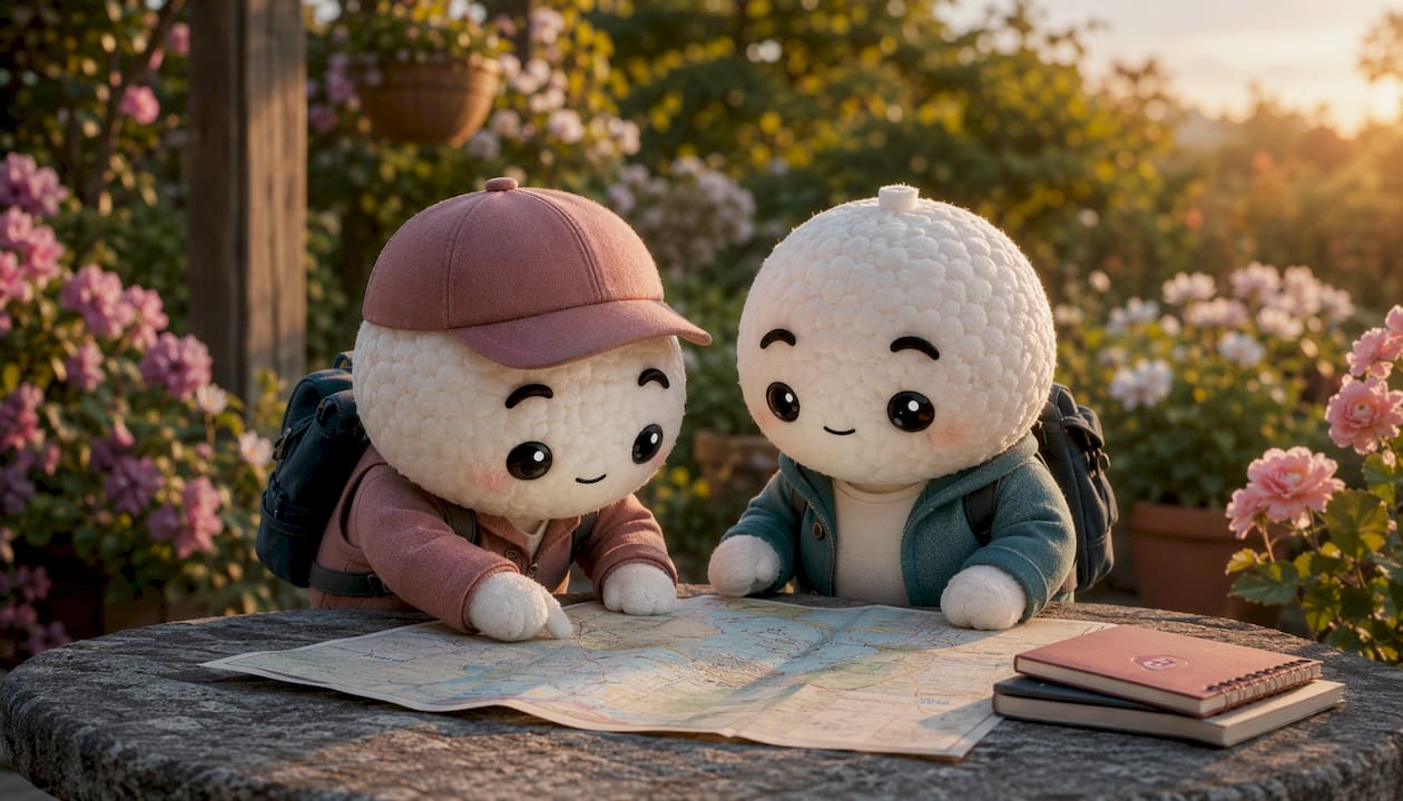 Kawaii rice-ball explorers studying map together