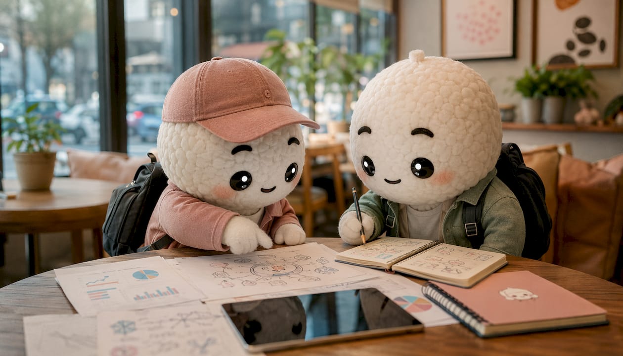 Kawaii rice-ball explorers studying innovation data