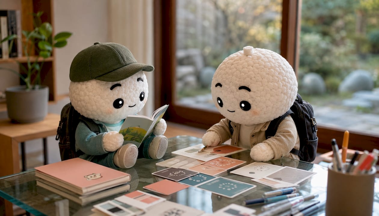 Kawaii rice-ball explorers evaluating strategic frameworks