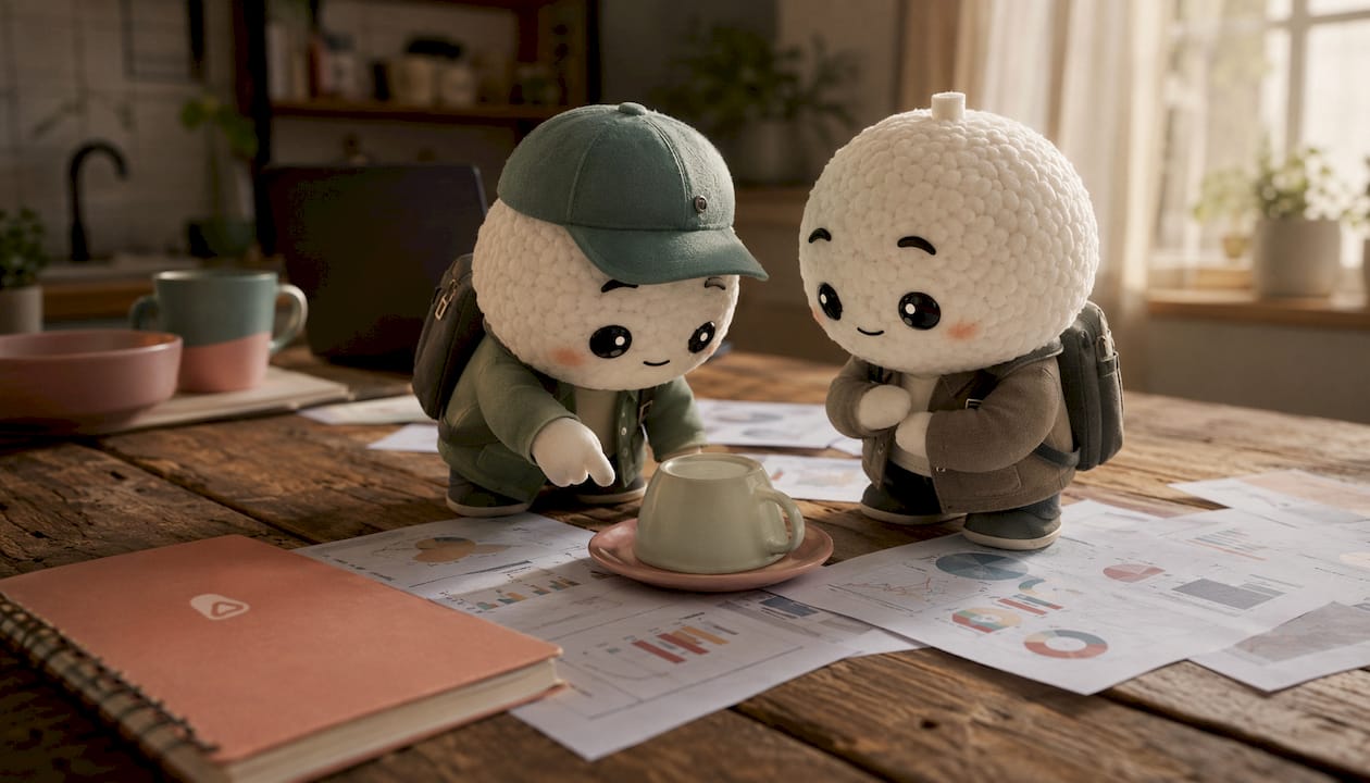 Two kawaii rice-ball mascots analyzing data on table