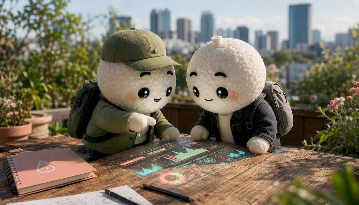 Kawaii rice-ball explorers analyzing data dashboard