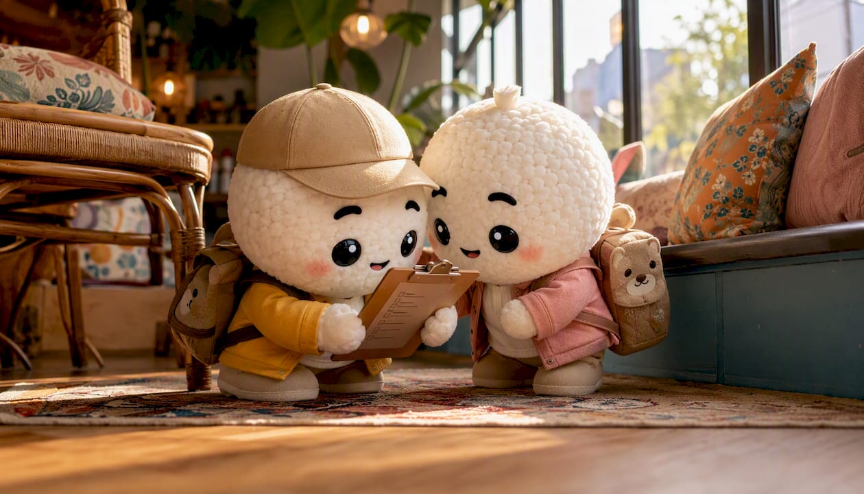 Kawaii rice-ball explorers reviewing checklist on desk