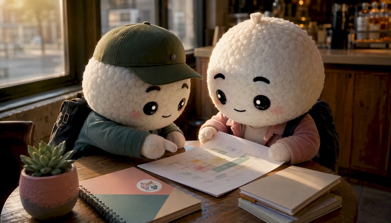 Kawaii rice-ball explorers reviewing risk matrix