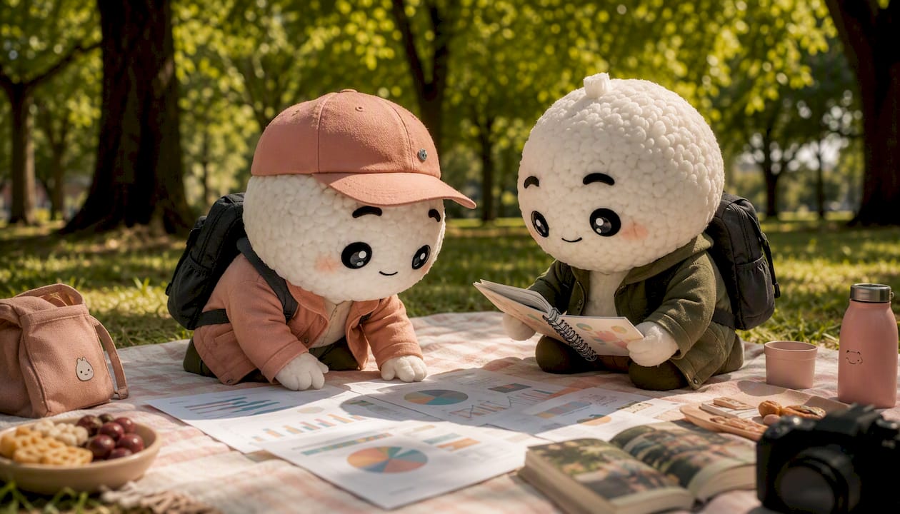 Kawaii rice-ball explorers analyzing data in office