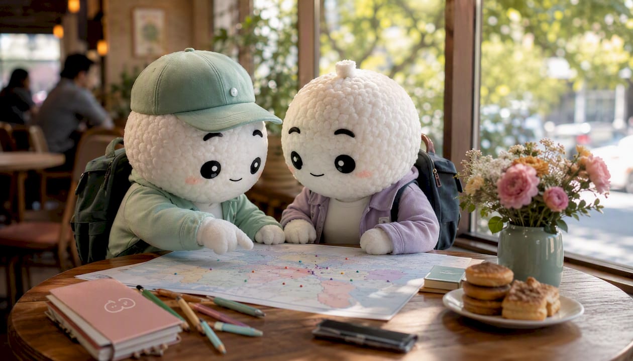 Two kawaii rice-ball explorers studying charts on desk