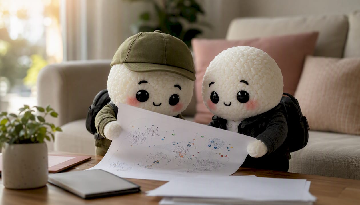 Two rice-ball mascots studying patent and incorporation signals