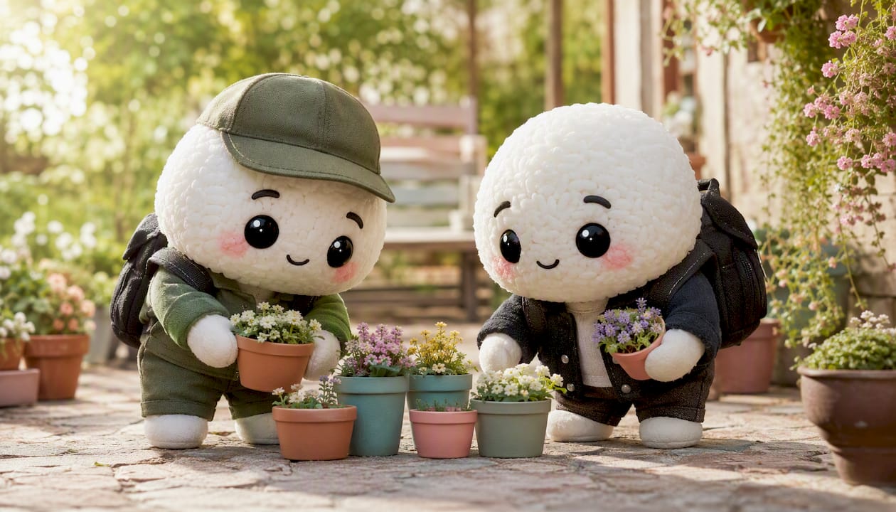 Rice-ball mascots collaborating on roles and cadence