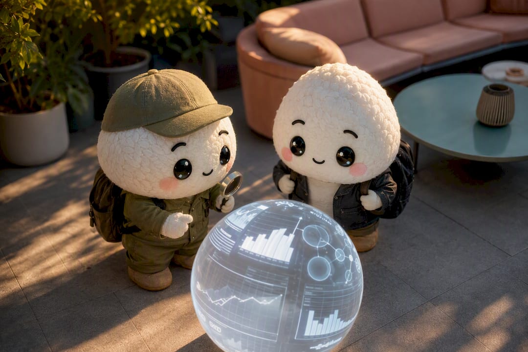 Rice ball mascots examining data charts