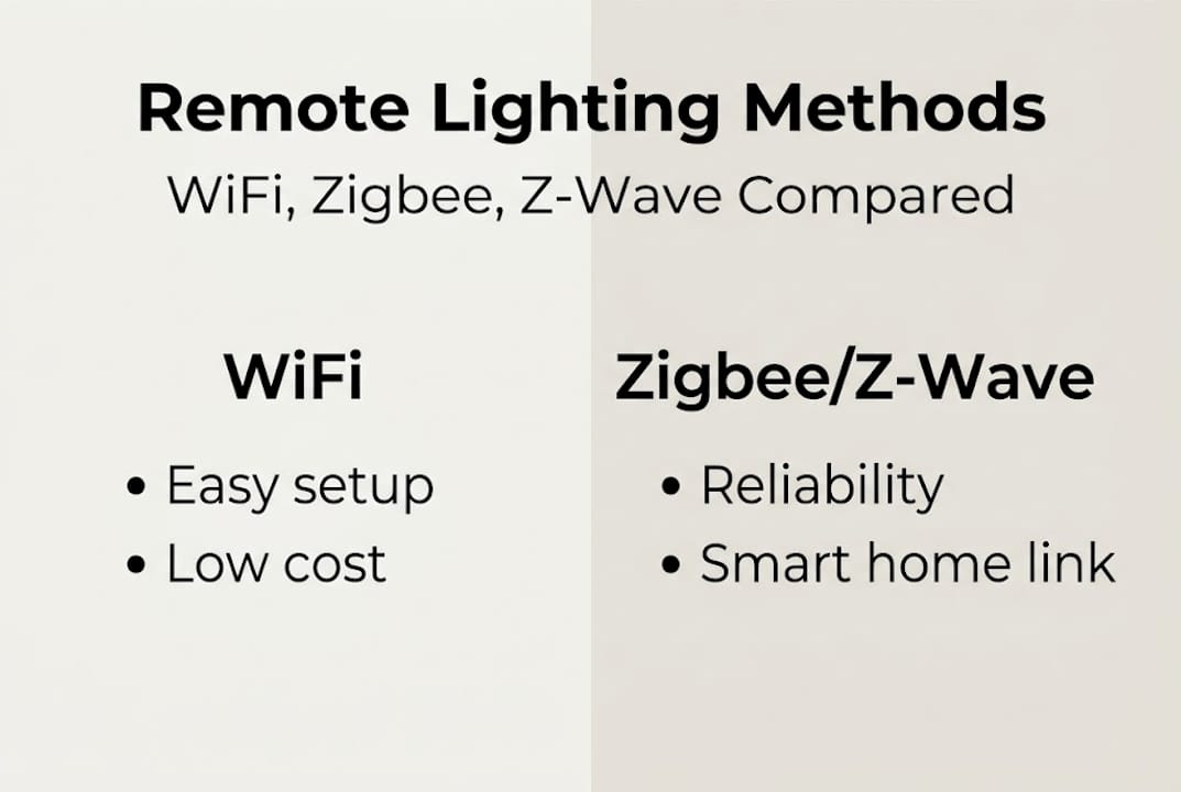 Infographic comparing WiFi, Zigbee, and Z-Wave lighting