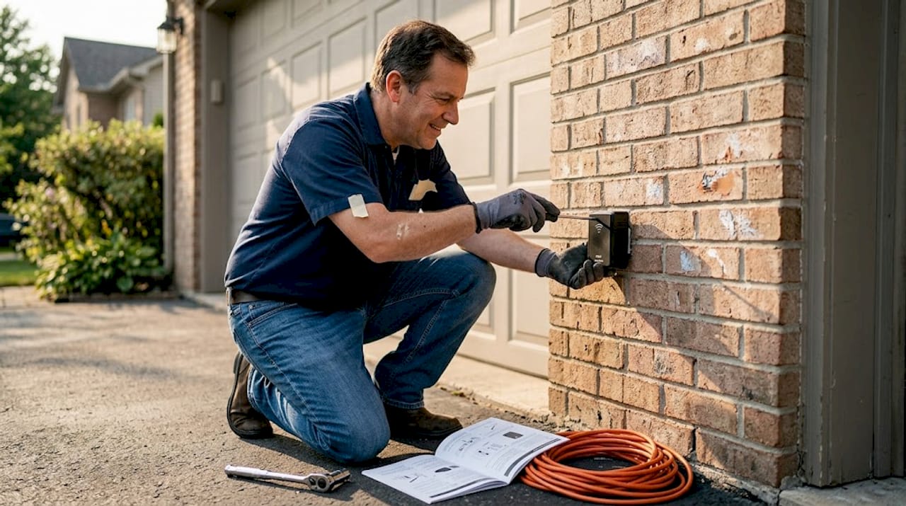 Homeowner installing WiFi transformer for outdoor lights