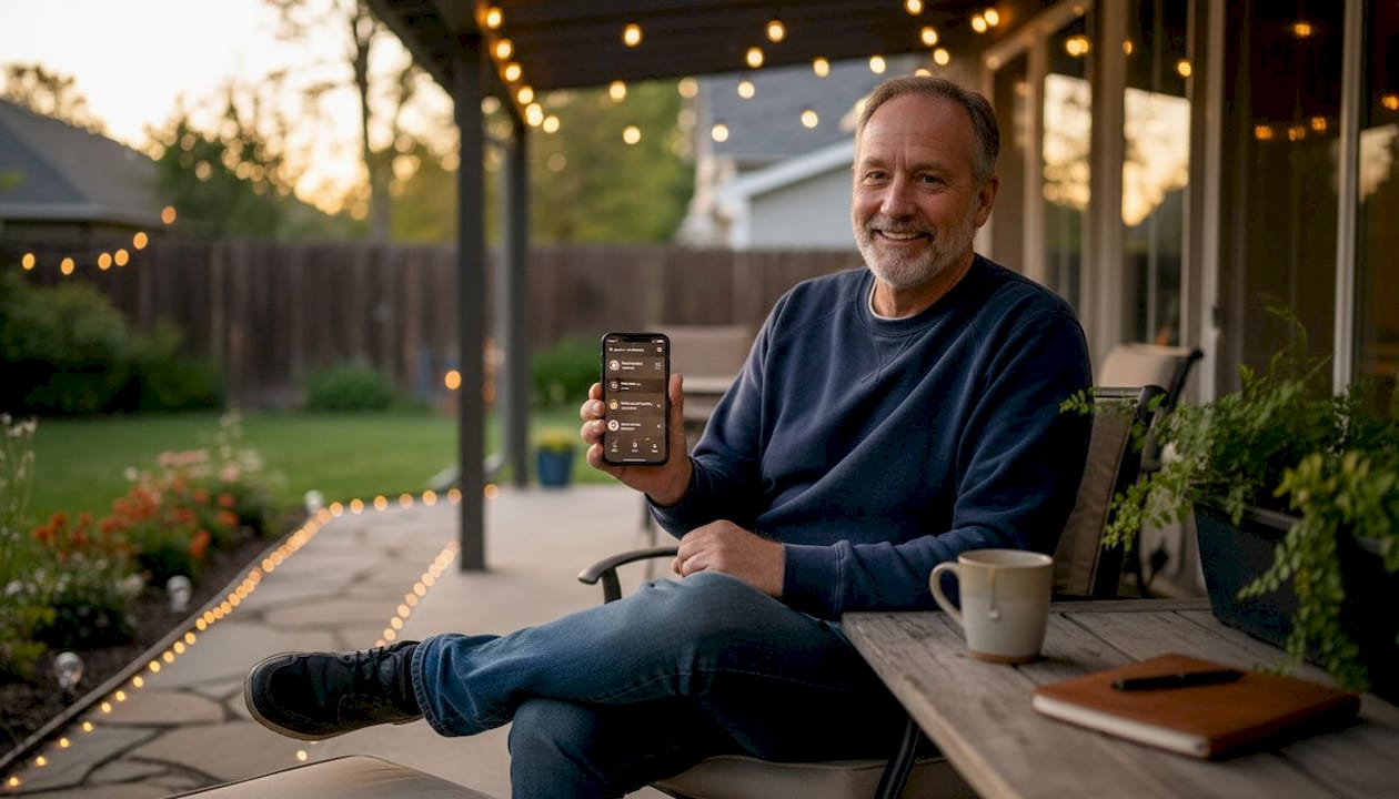 Homeowner using phone to control outdoor LED lights