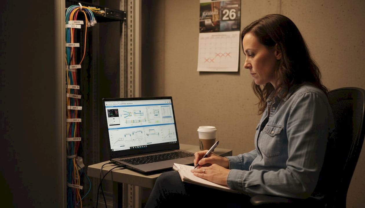 Facility manager reviews lighting dashboard in office