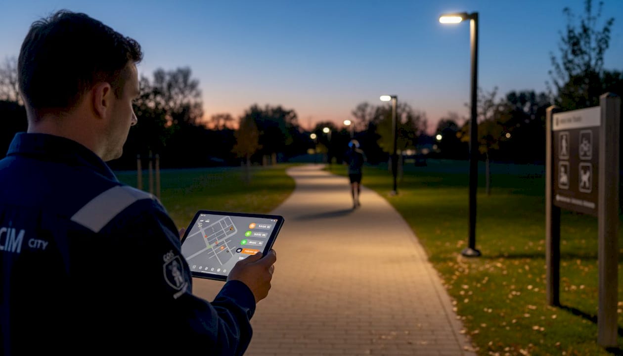 Worker adjusting outdoor networked lighting in park