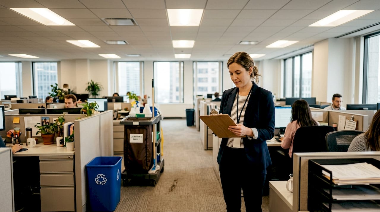 Manager checks clipboard in LED-lit office