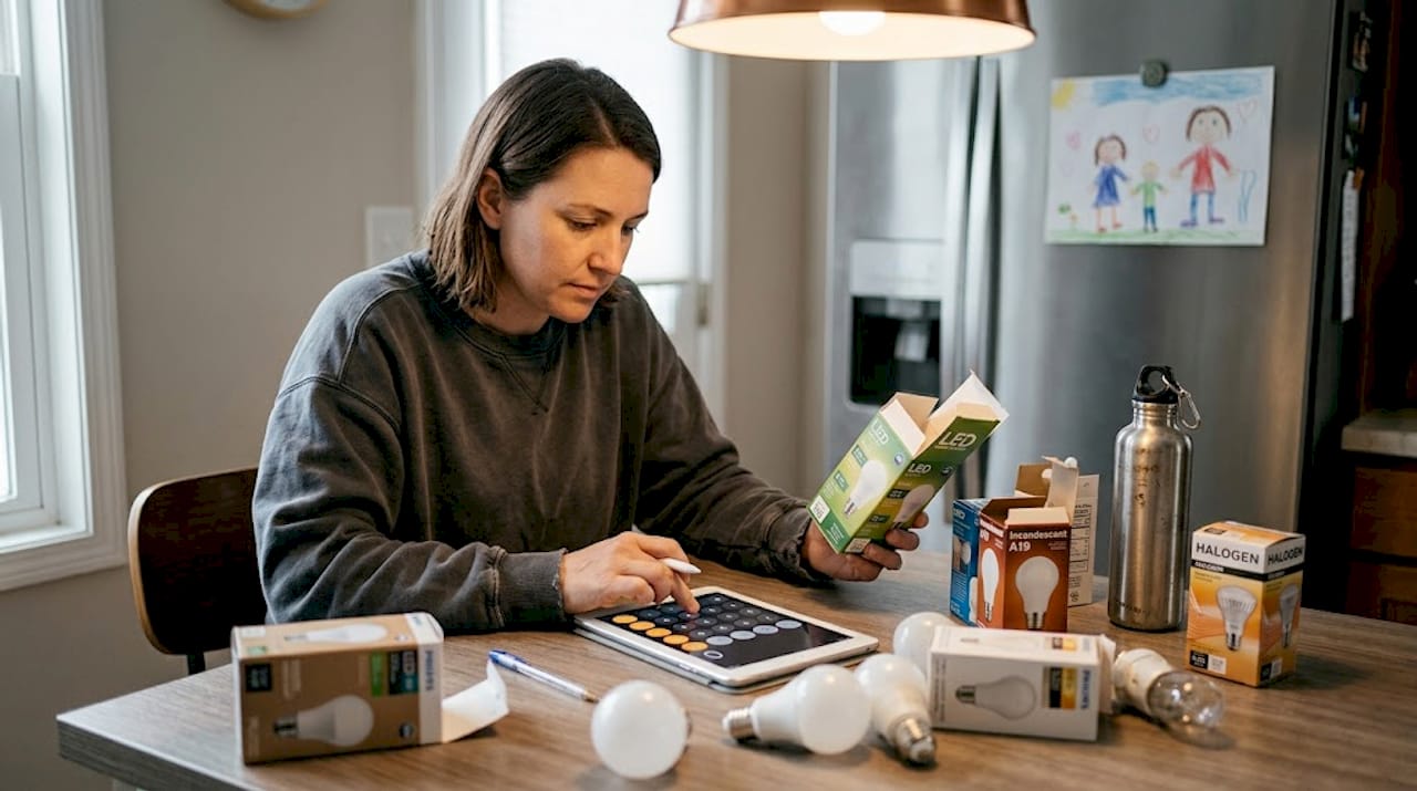 Woman comparing different light bulbs at table