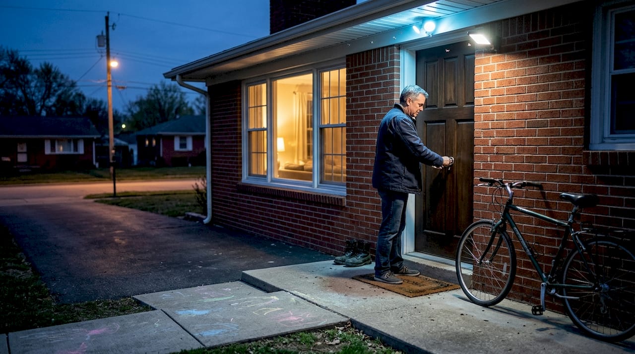 Homeowner under LED security light at dusk