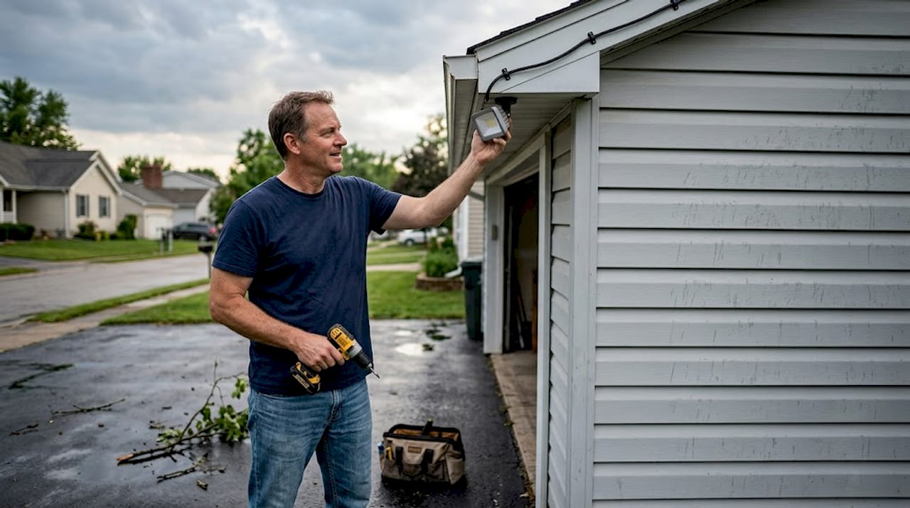 Homeowner inspects outdoor LED lights after storm