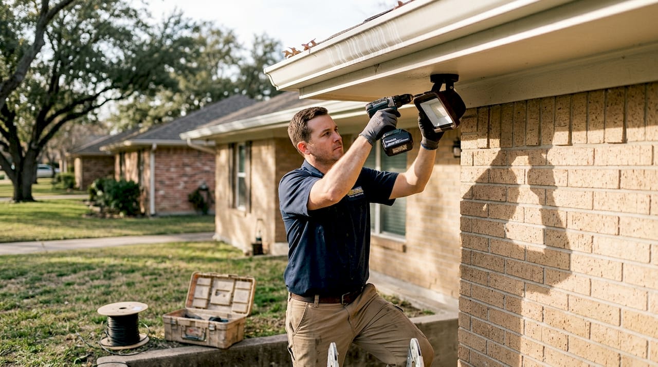 Technician mounting LED fixture on Texas home
