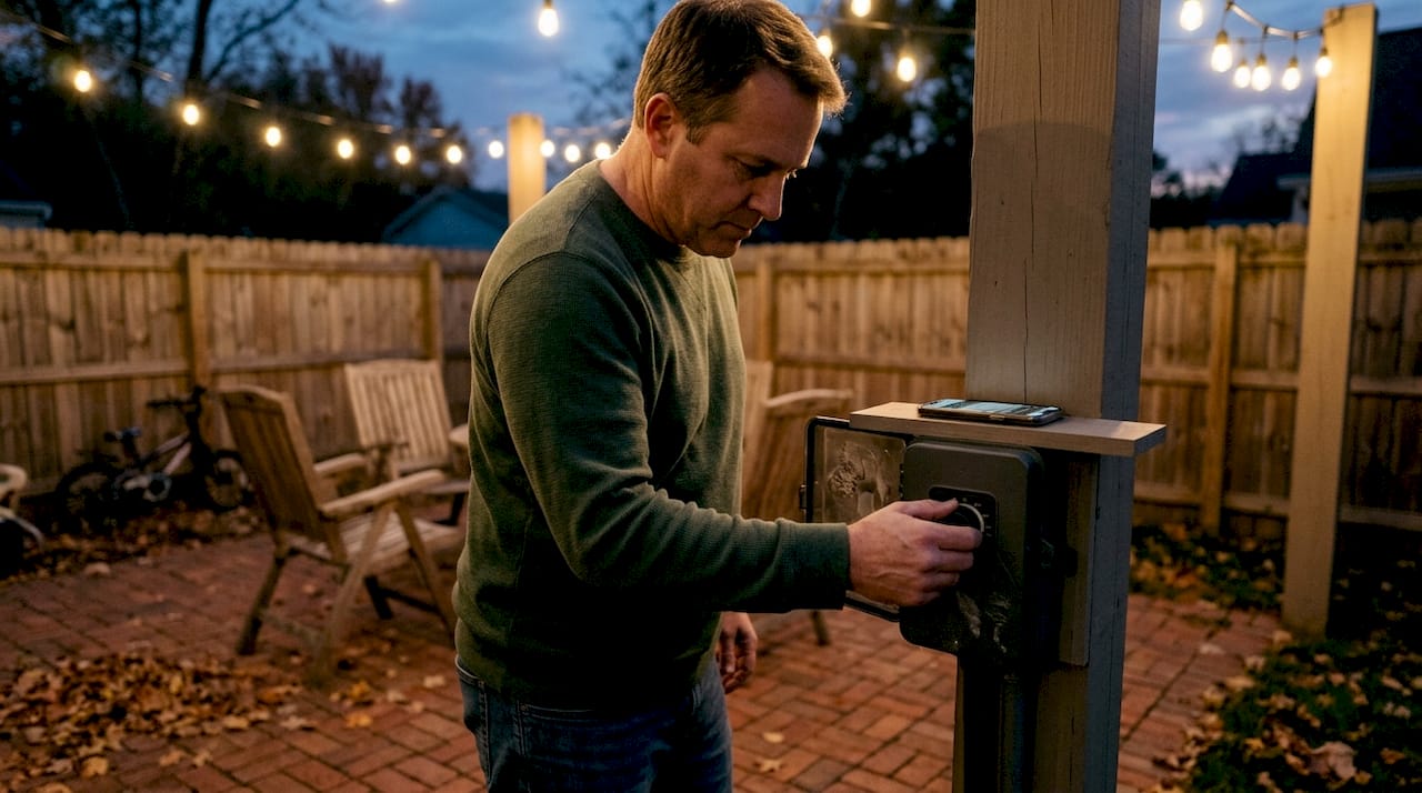Homeowner adjusting outdoor lighting controller on patio