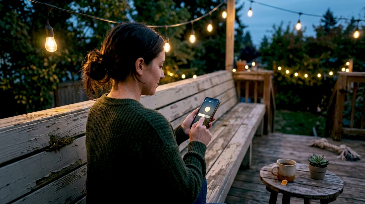 Woman using app to control patio lights