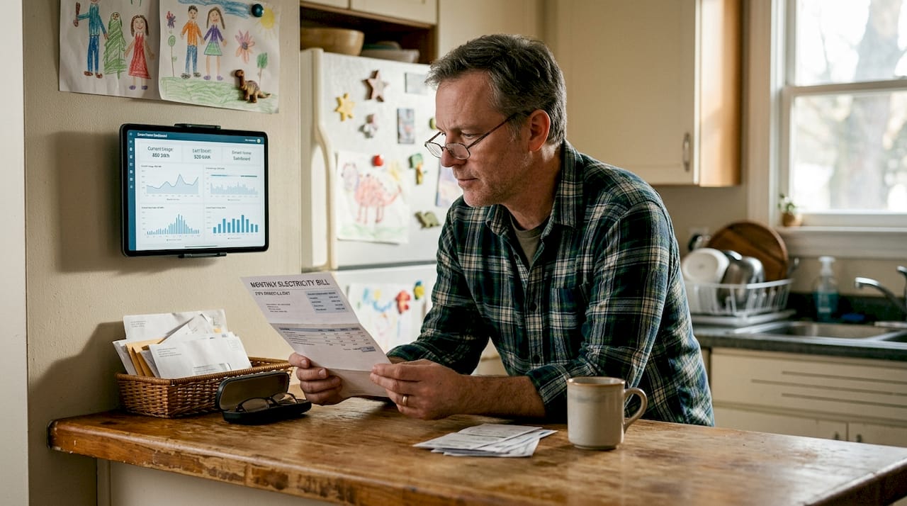Homeowner checking energy savings with smart lighting