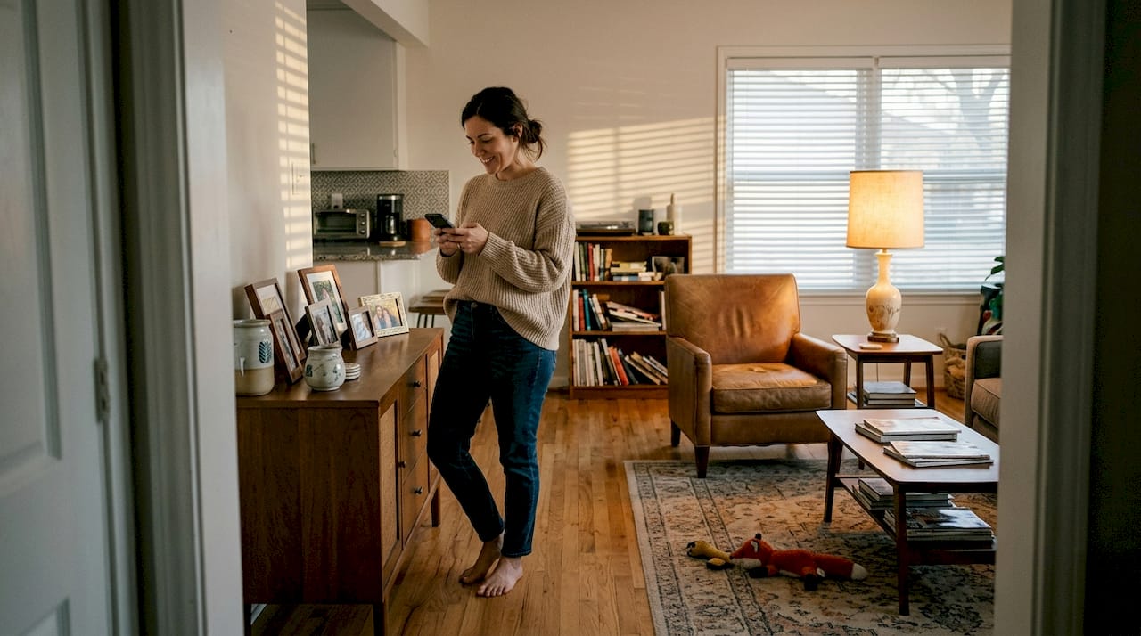 Woman controlling smart lights in living room