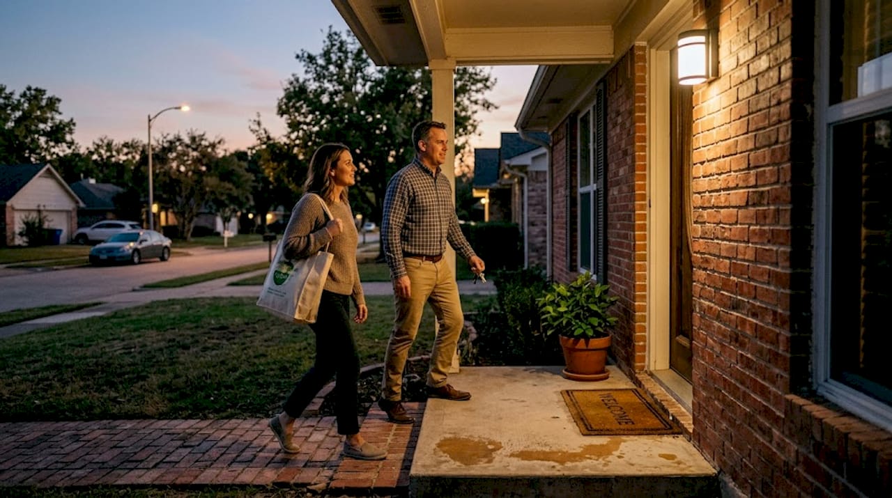 Homeowners under LED porch entrance lighting