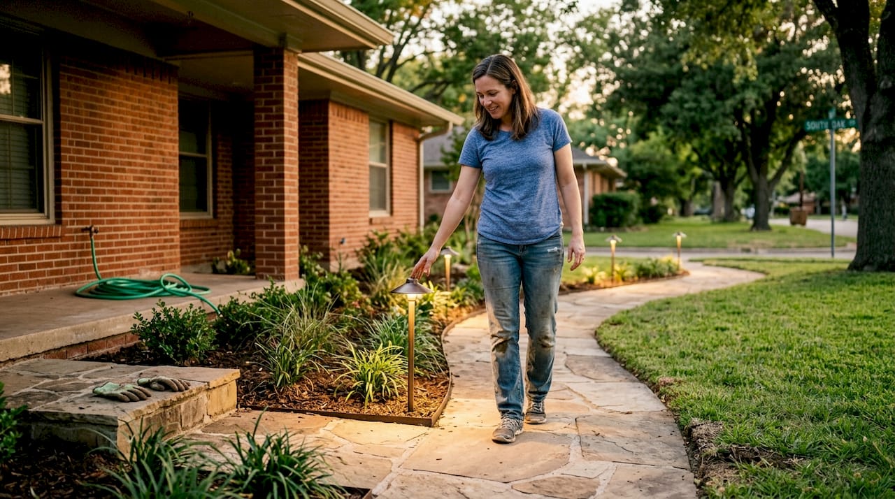 Homeowner checking walkway edge lighting