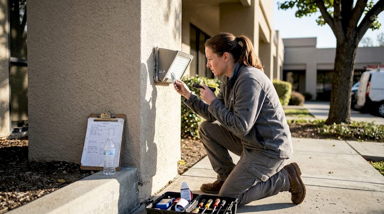 Technician inspecting outdoor LED weatherproofing