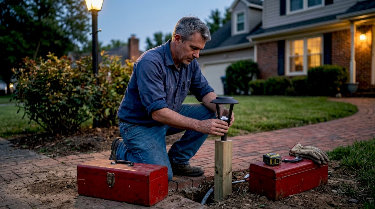 Electrician installs outdoor LED fixture