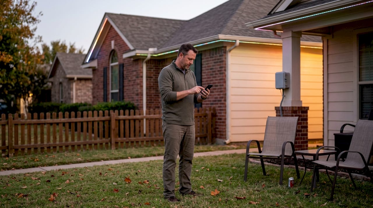 Homeowner adjusting outdoor LED lighting controls
