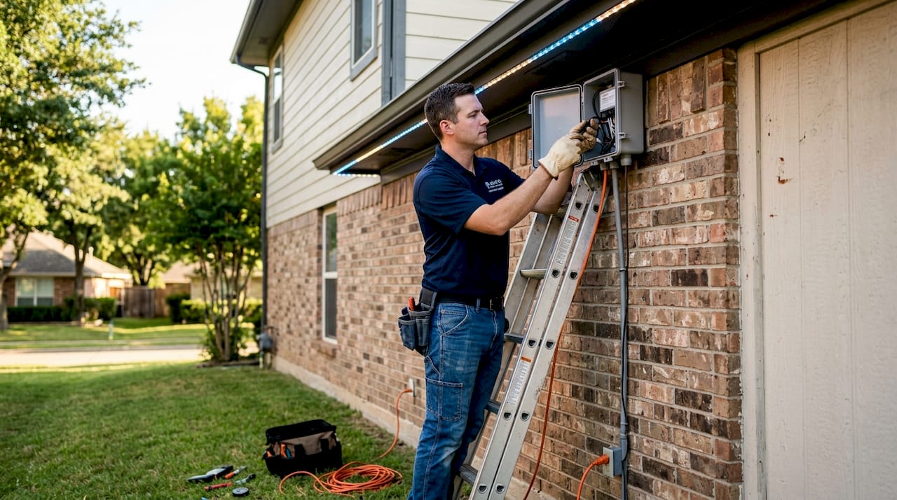 Installer inspects weatherproof outdoor LED system