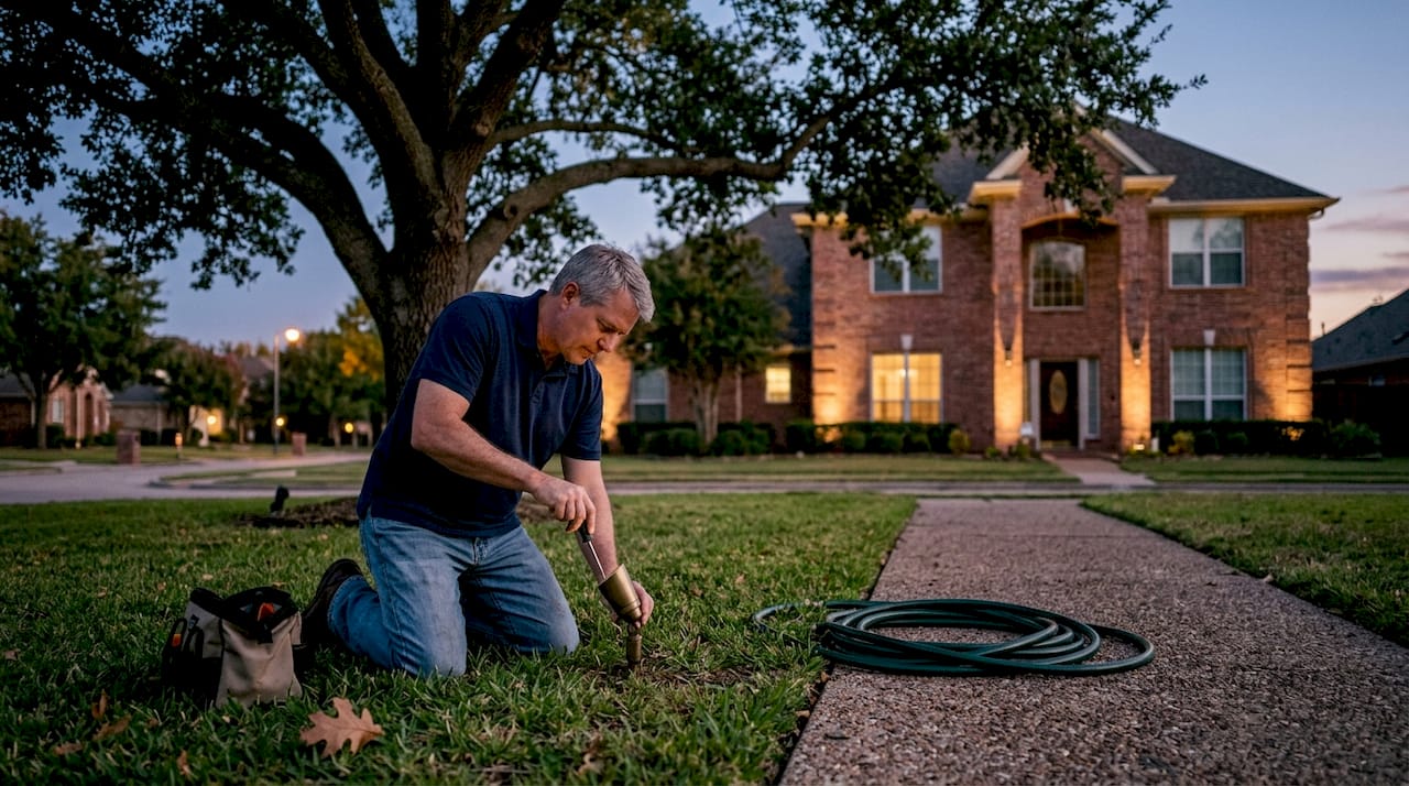 Homeowner adjusting outdoor lighting in yard